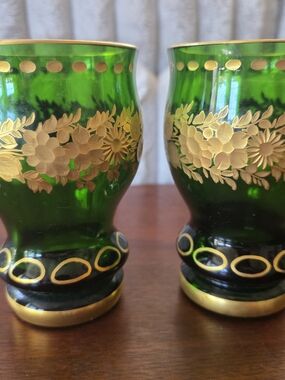 Bohemian Engraved and Gilded Green Glass Tumbler Vase c1890